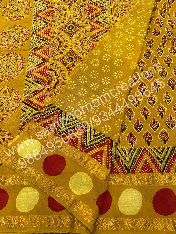 Mustard , Ajrakh Handblock Printed with Rudraksh Border , Sungudi Cotton Saree