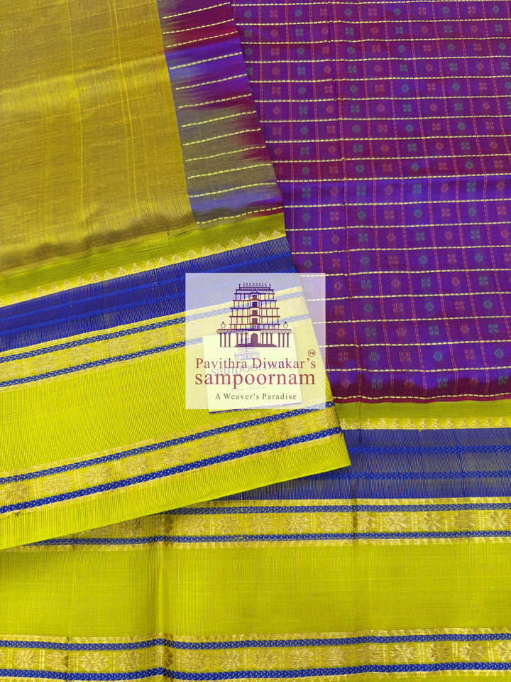 Purple with Lemon Yellow, Lakshadeepam Zari Butta in the Body, Rettapet Border and Grand Pallu ,Korvai Silk Cotton Saree