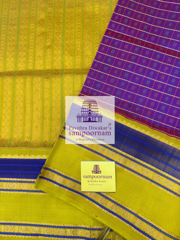 Purple with Lemon Yellow, Lakshadeepam Zari Butta in the Body, Rettapet Border and Grand Pallu ,Korvai Silk Cotton Saree