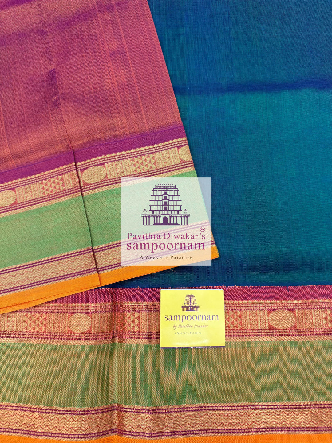 Mayilkazhuthu green with Dark rust Orange, rettapet Border and Grand Pallu , Korvai Silk Cotton Saree