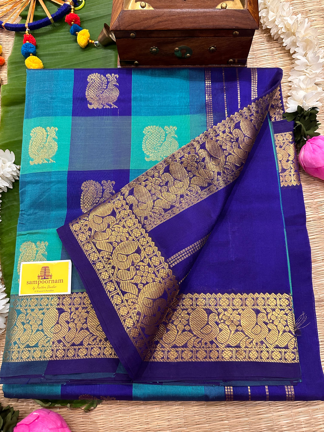 Rexona Green With Blue Big Butta Pallum Pazham Kattam Silk Cotton Saree