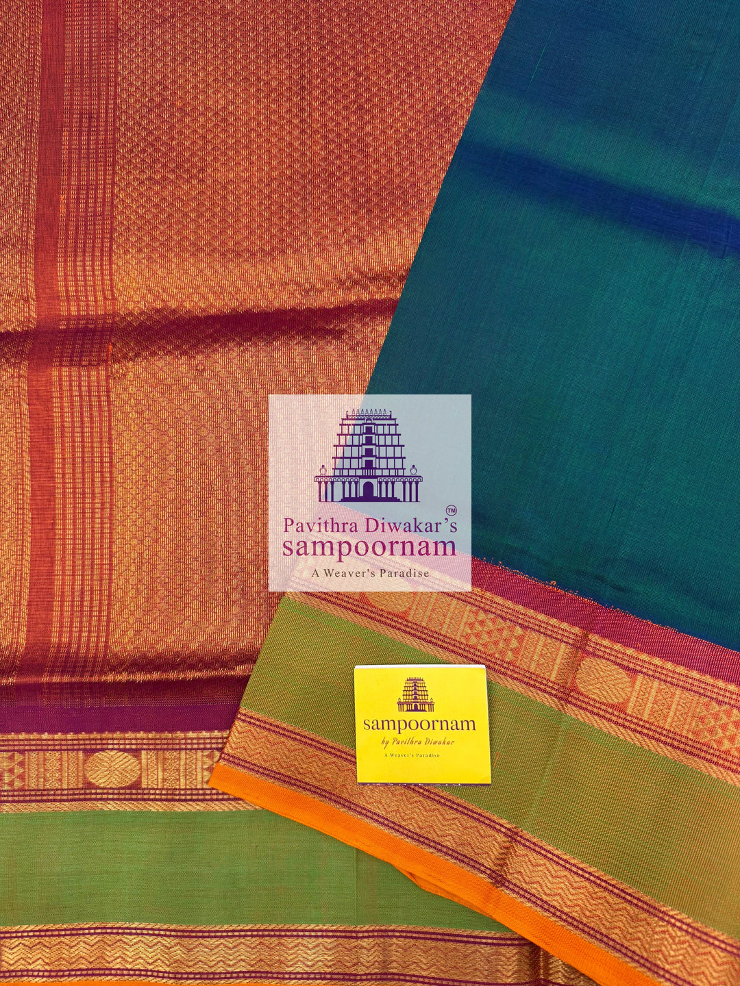 Mayilkazhuthu green with Dark rust Orange, rettapet Border and Grand Pallu , Korvai Silk Cotton Saree