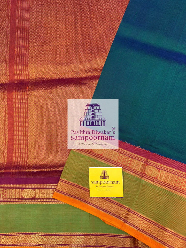 Mayilkazhuthu green with Dark rust Orange, rettapet Border and Grand Pallu , Korvai Silk Cotton Saree
