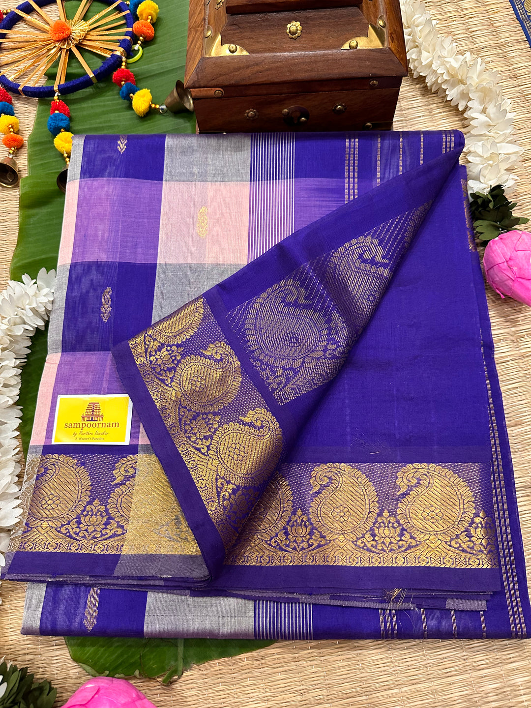 Onion Pink With Deep Indigo Big Butta Pallum Pazham Kattam Silk Cotton Saree