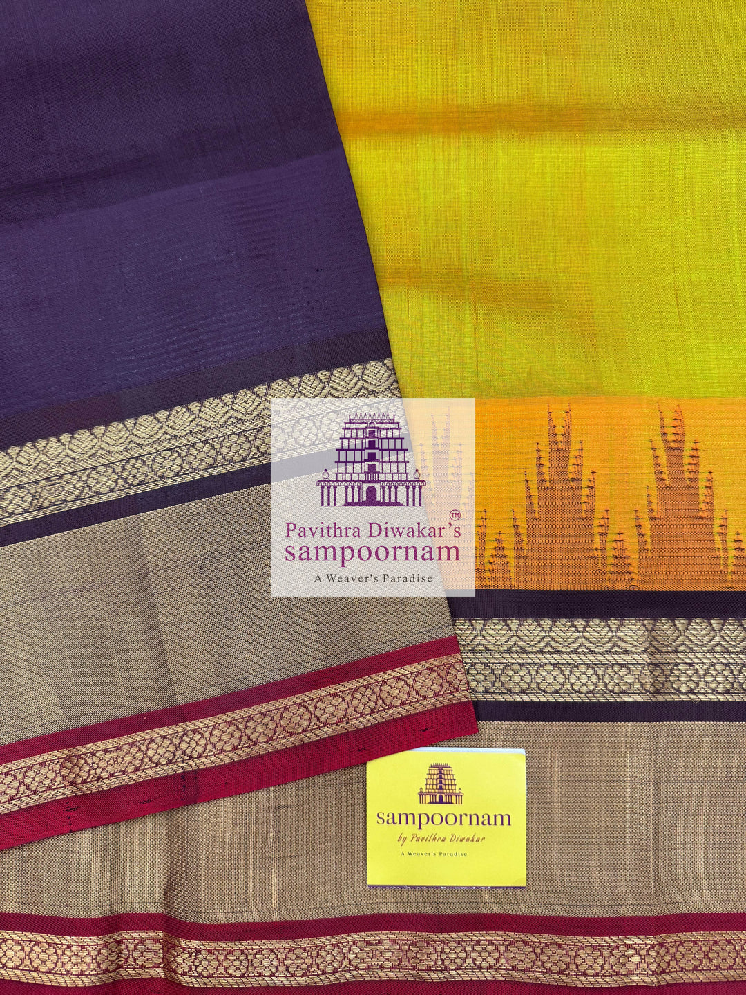 Manthulir Green with Brown, One Side Big Temple Border, Grand Pallu , Korvai Silk Cotton Saree
