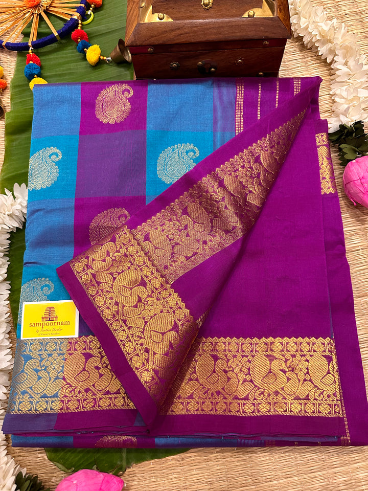 Ramar Blue with Dark Magenta Big butta Pallum Pazham Kattam Silk Cotton Saree