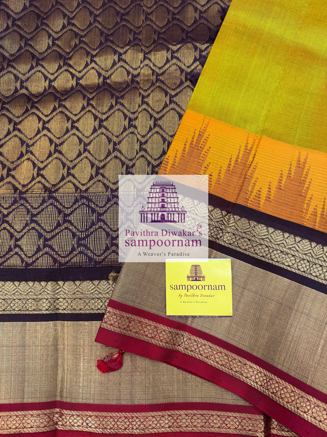 Manthulir Green with Brown, One Side Big Temple Border, Grand Pallu , Korvai Silk Cotton Saree