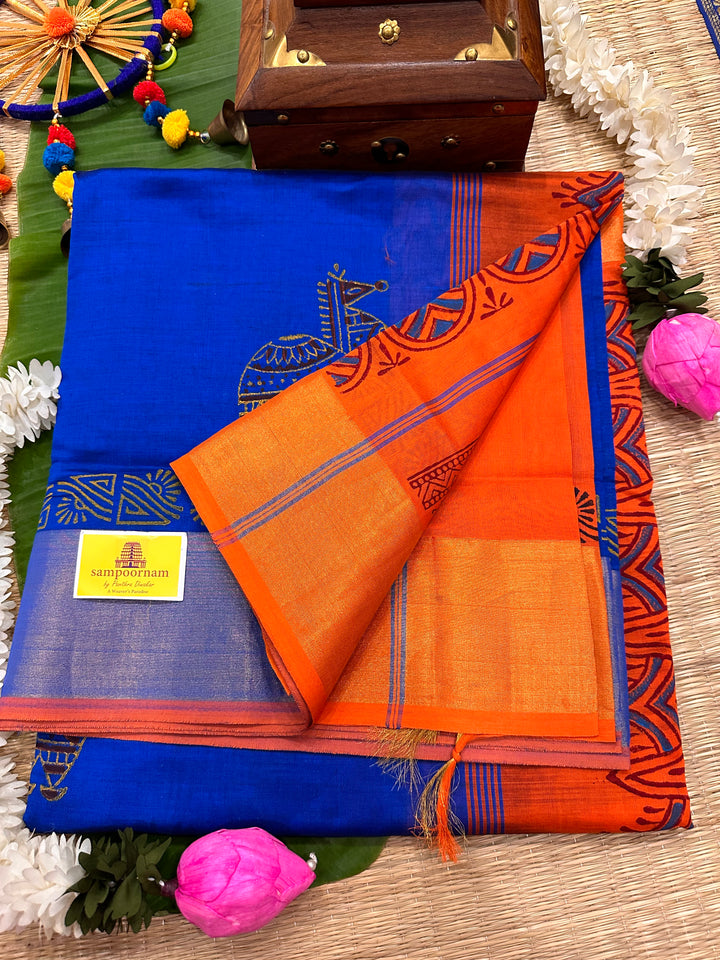 Blue with Orange Handblock Printed Semi Silk Cotton Saree