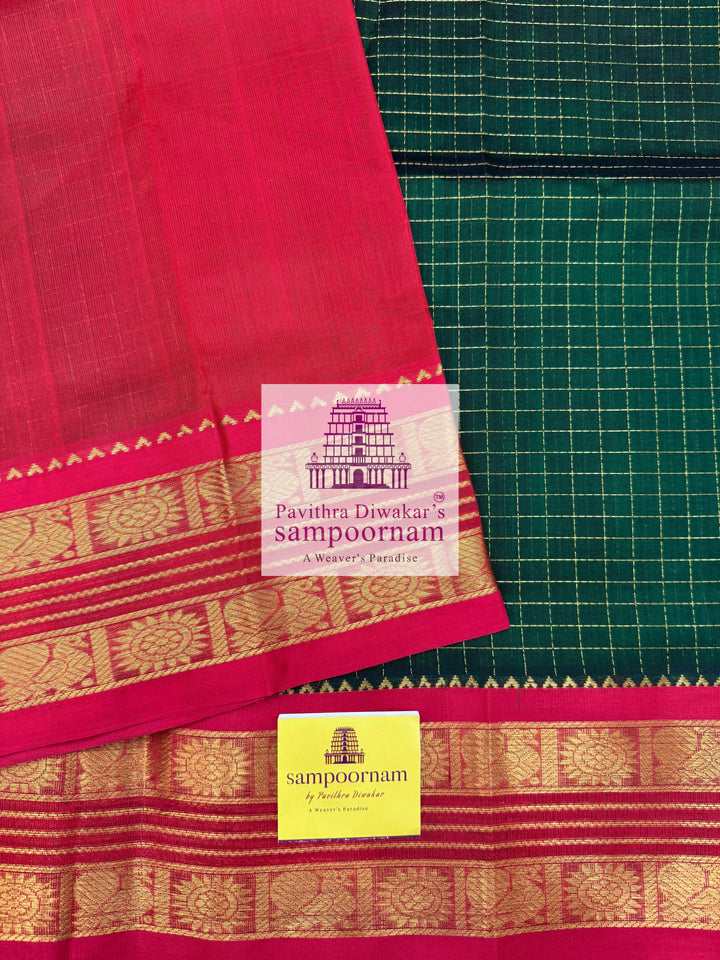 Dark Green with Red, Rich Zari Kattam in the Body, Rettapet Border and Grand Pallu,Korvai Silk Cotton Saree