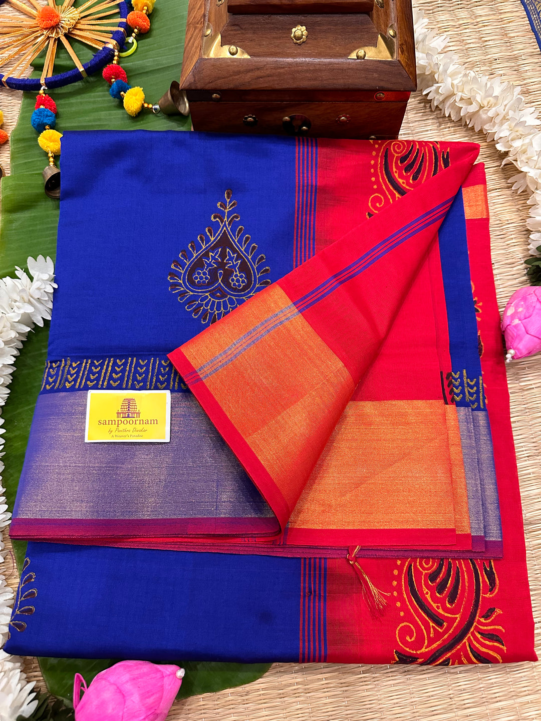 Blue with Red Handblock Printed Semi Silk Cotton Saree