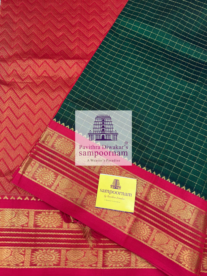 Dark Green with Red, Rich Zari Kattam in the Body, Rettapet Border and Grand Pallu,Korvai Silk Cotton Saree