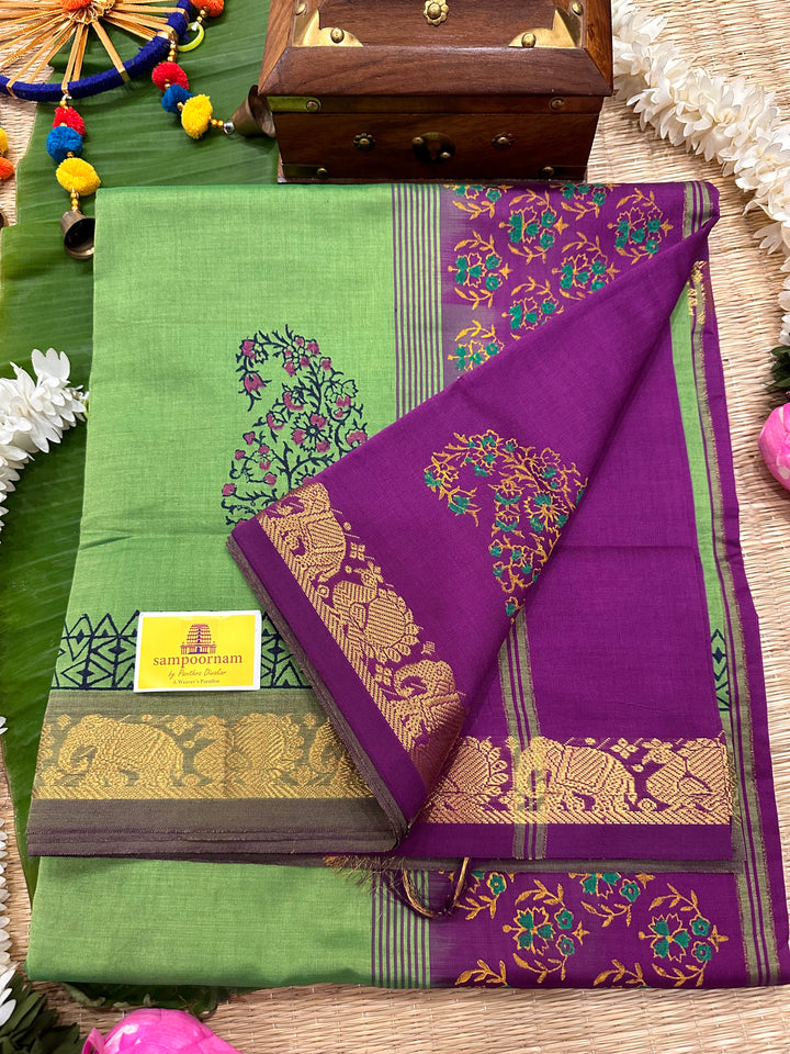 Green With Purple Handblock Printed Semi Silk Cotton