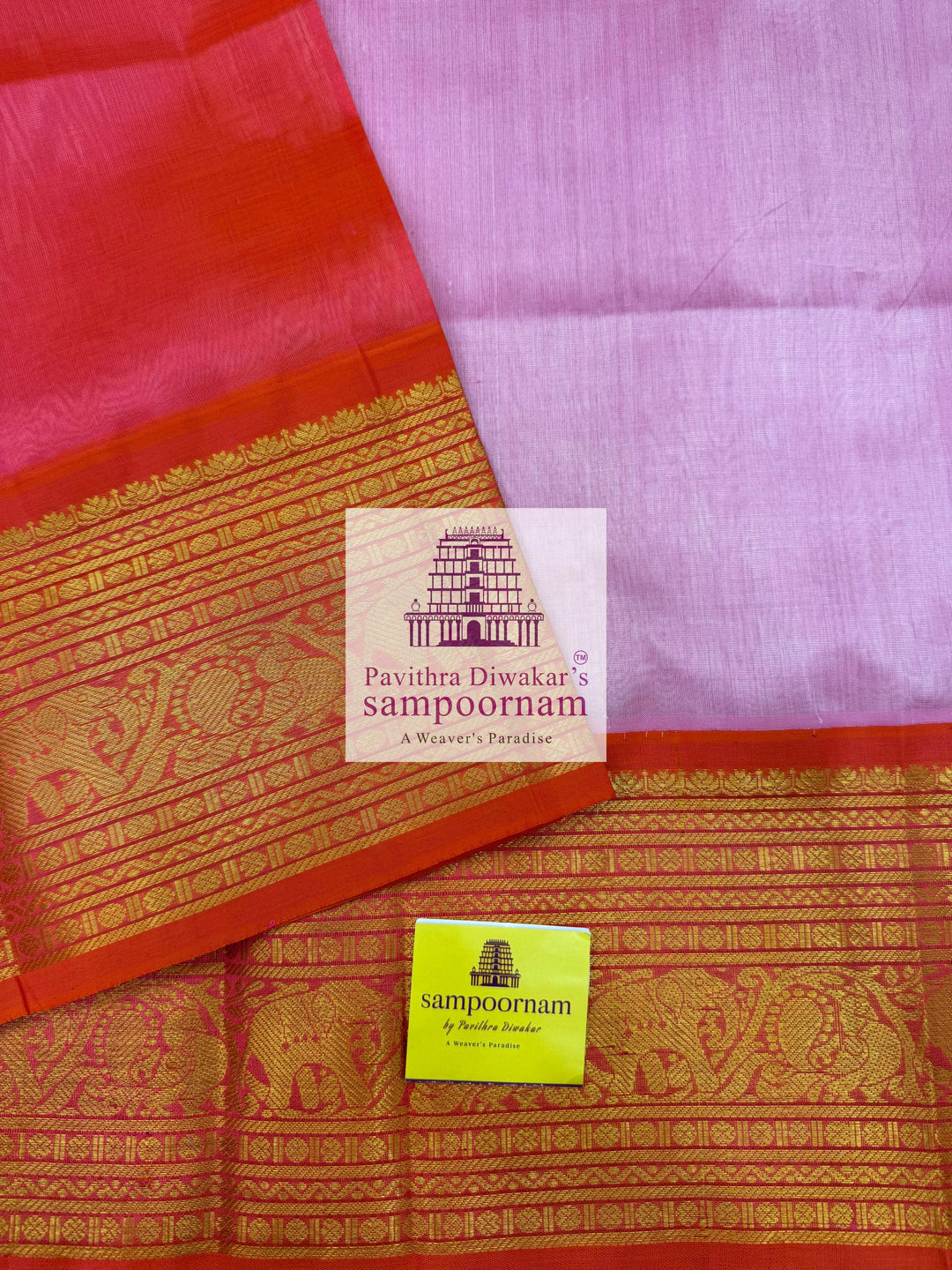 Pastel Pink with Orange, Rich One Side Big Kanchi Border and Grand Pallu ,Korvai Silk Cotton Saree