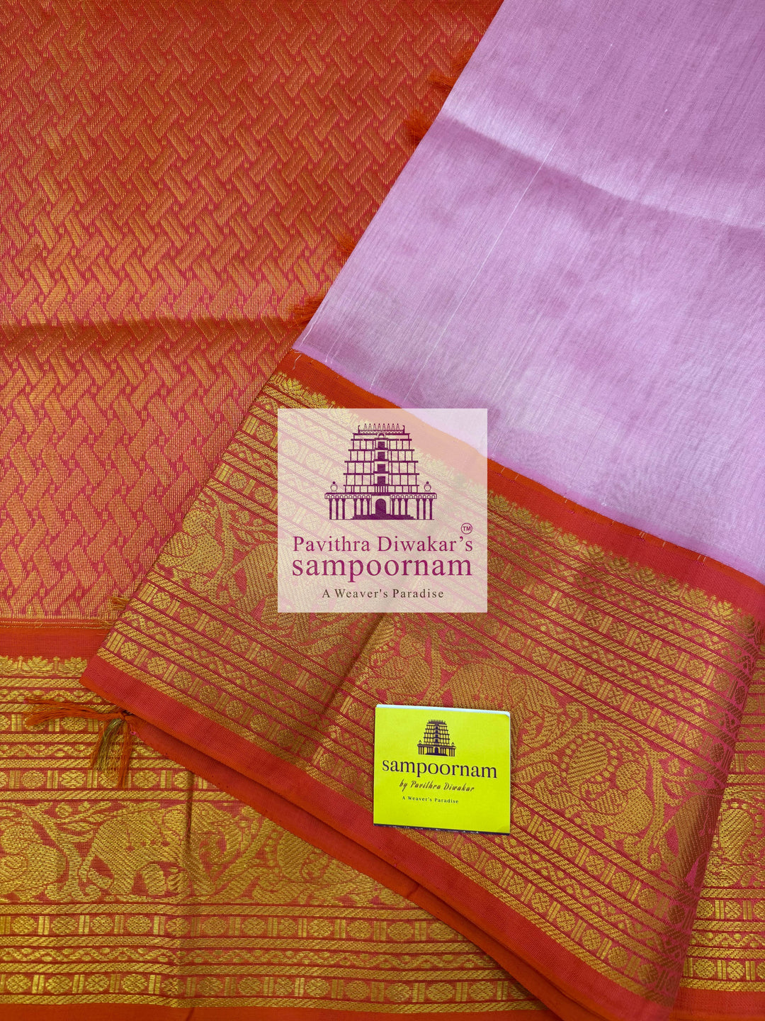 Pastel Pink with Orange, Rich One Side Big Kanchi Border and Grand Pallu ,Korvai Silk Cotton Saree