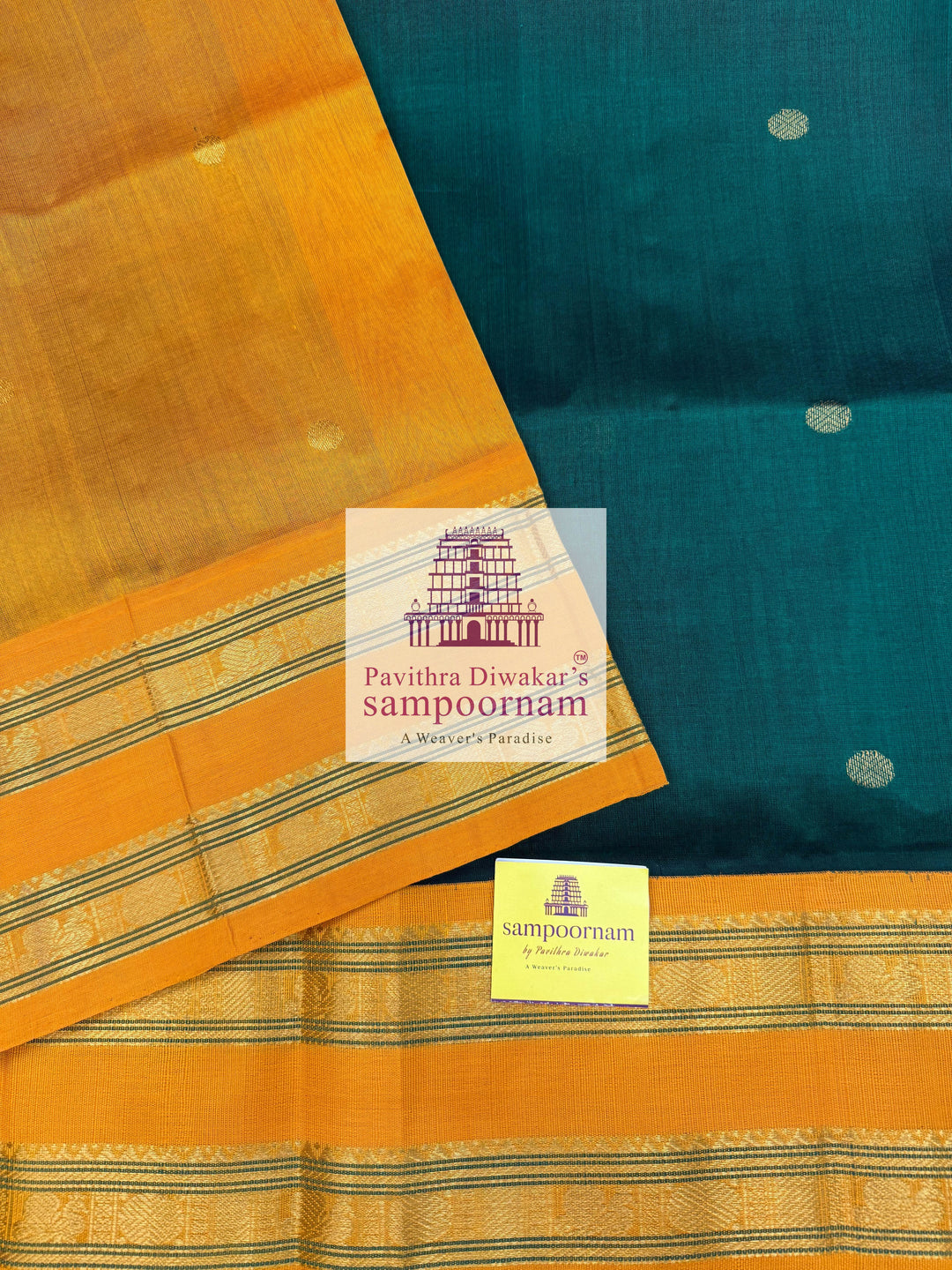 Dark Green with Fenugreek, Rich Zari Butta in the Body, Traditional Rettapet Border and Grand Pallu ,Korvai Silk Cotton Saree