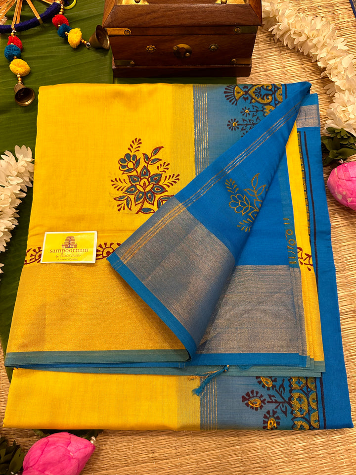 Yellow with Blue Handblock Printed Semi Silk Cotton Saree