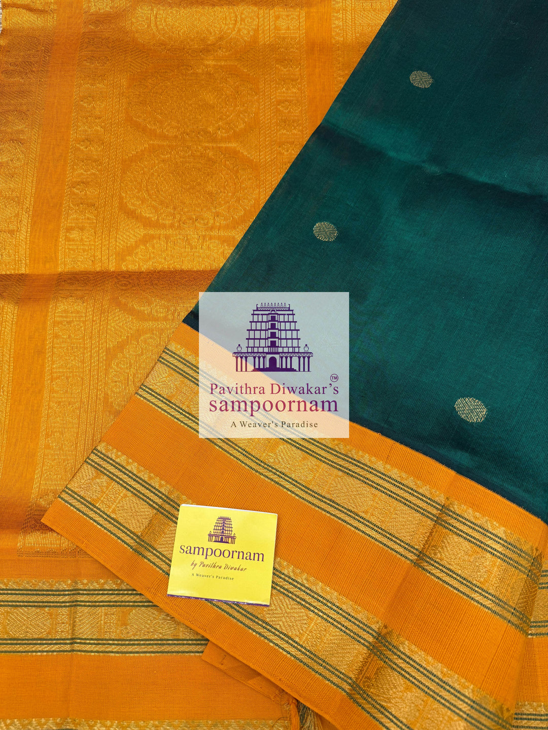 Dark Green with Fenugreek, Rich Zari Butta in the Body, Traditional Rettapet Border and Grand Pallu ,Korvai Silk Cotton Saree