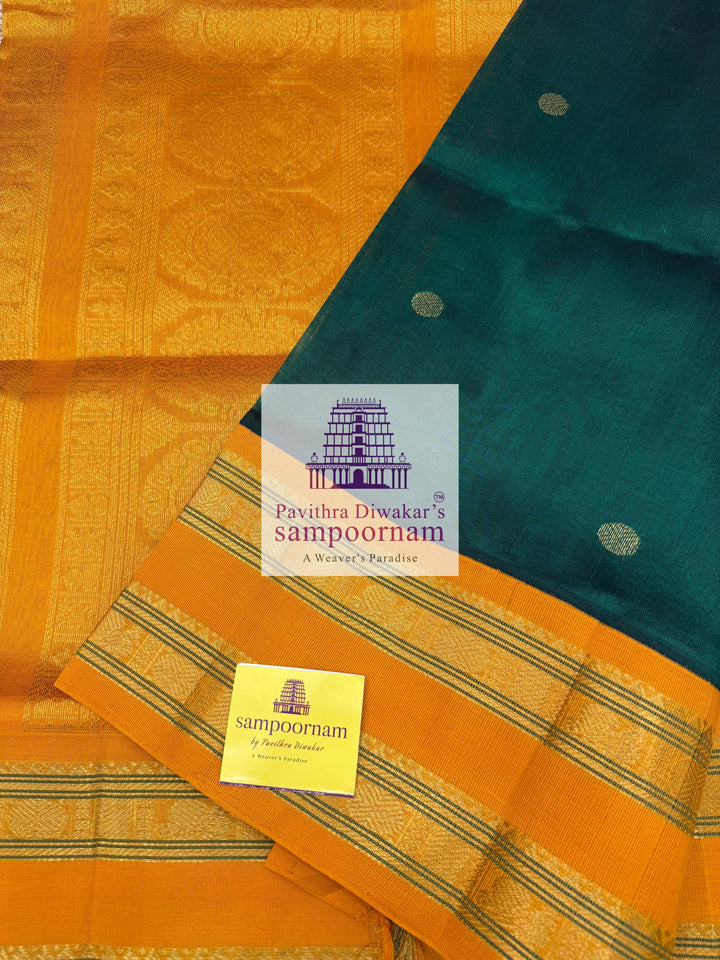 Dark Green with Fenugreek, Rich Zari Butta in the Body, Traditional Rettapet Border and Grand Pallu ,Korvai Silk Cotton Saree