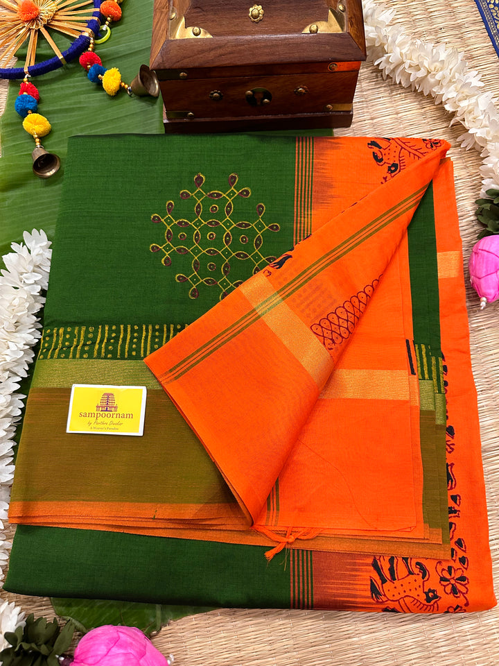 Green with Orange Handblock Printed Semi Silk Cotton Saree