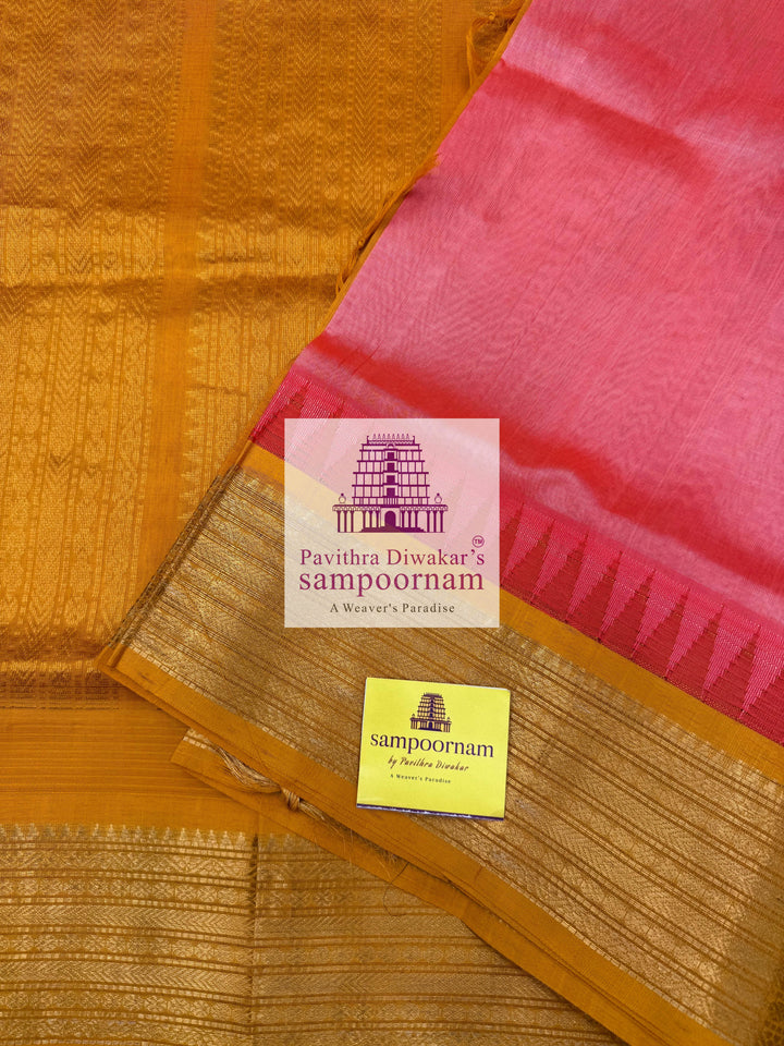 Peach Pink with Mustard , Traditional Temple Border and Grand Pallu Korvai Silk Cotton Saree