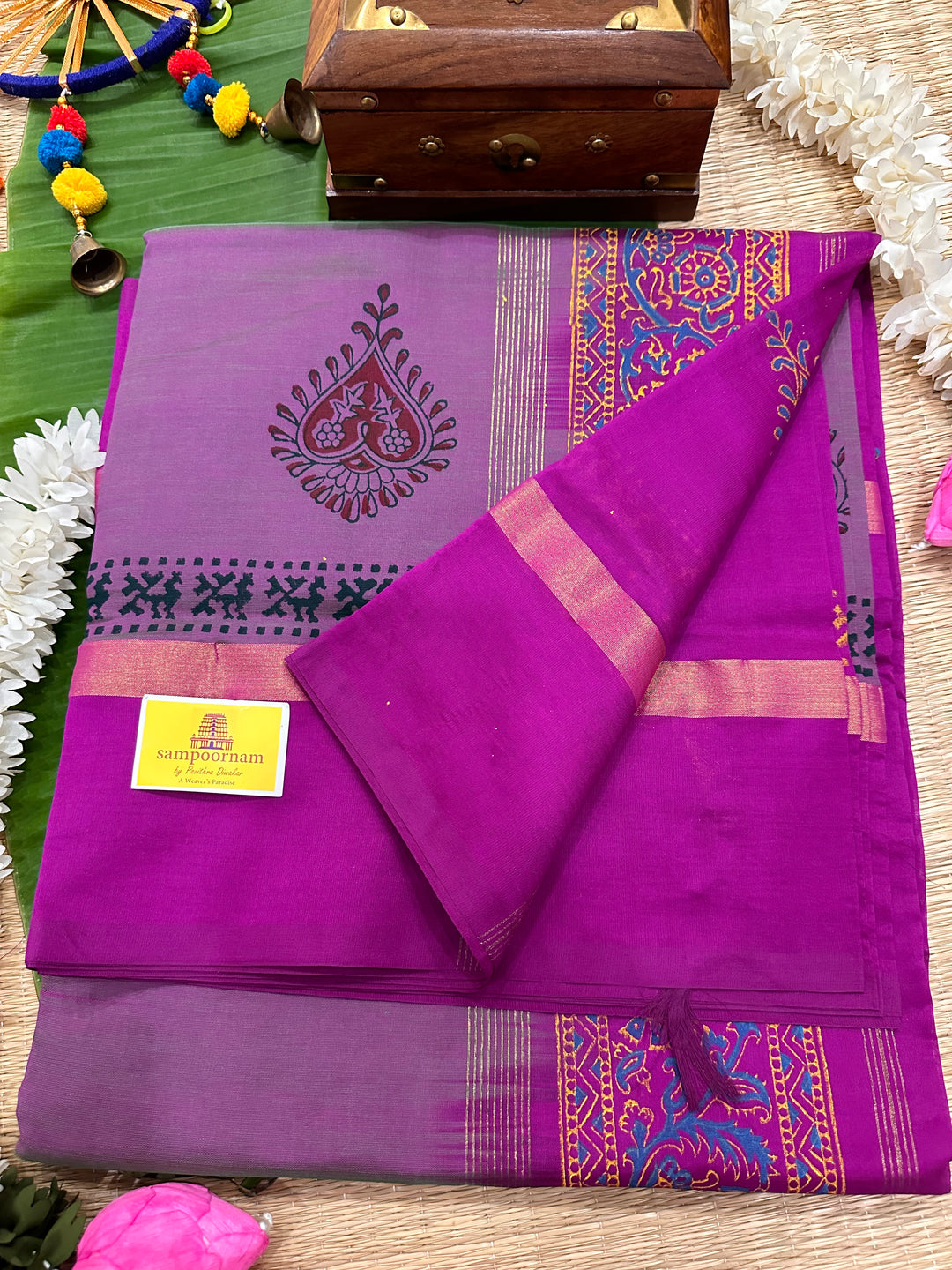 Purple Self Handblock Printed Semi Silk Cotton Saree