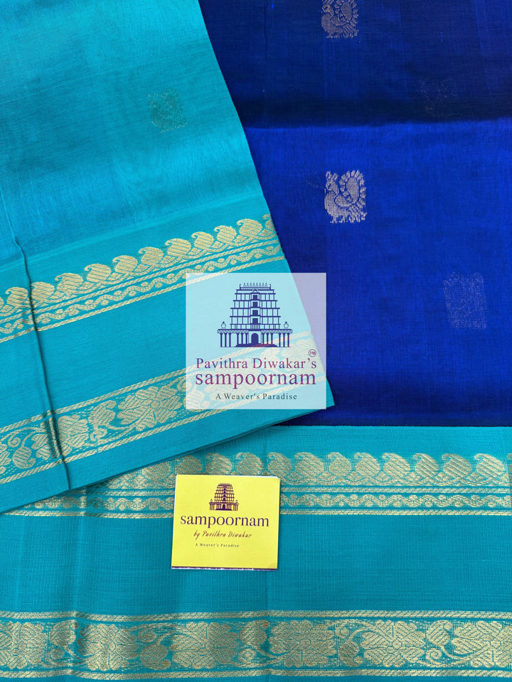 Dark Blue with Light Blue, Zari Butta in the body, Traditional Rettapet Border and Grand Pallu ,Korvai Silk Cotton Saree