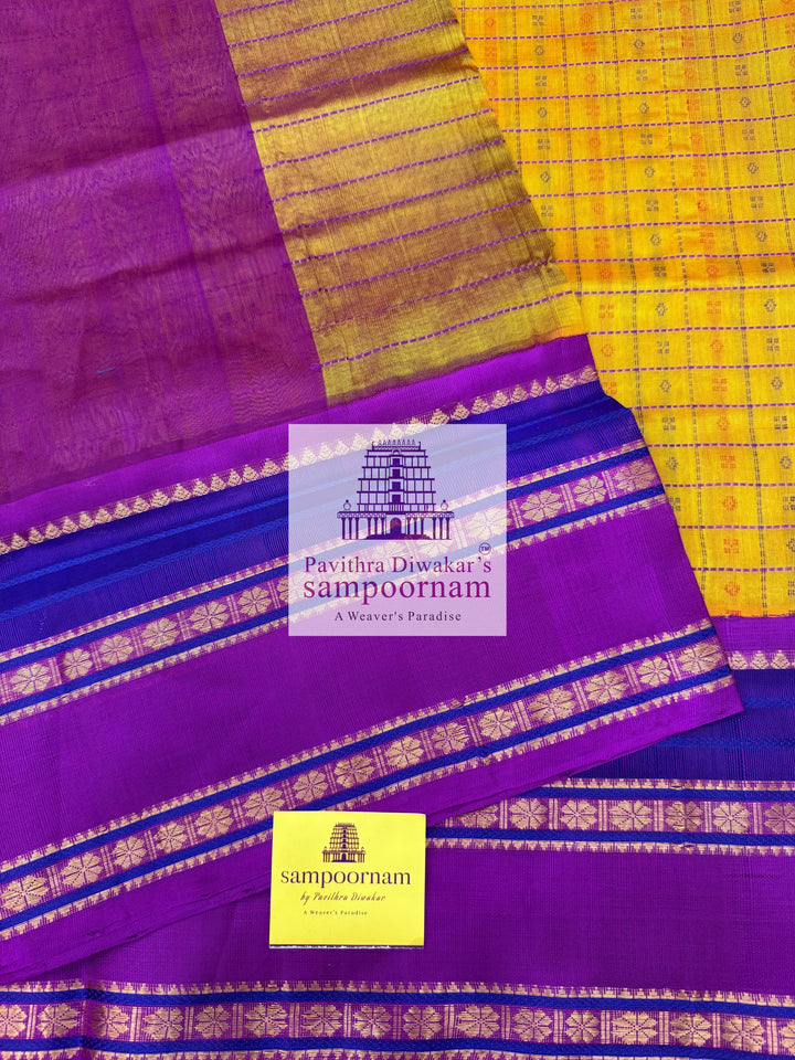 Mambazha manjal with Purple, Traditional Borders, Lakshadeepam thread Butta in the Body and Grand Pallu , Korvai Silk Cotton Saree