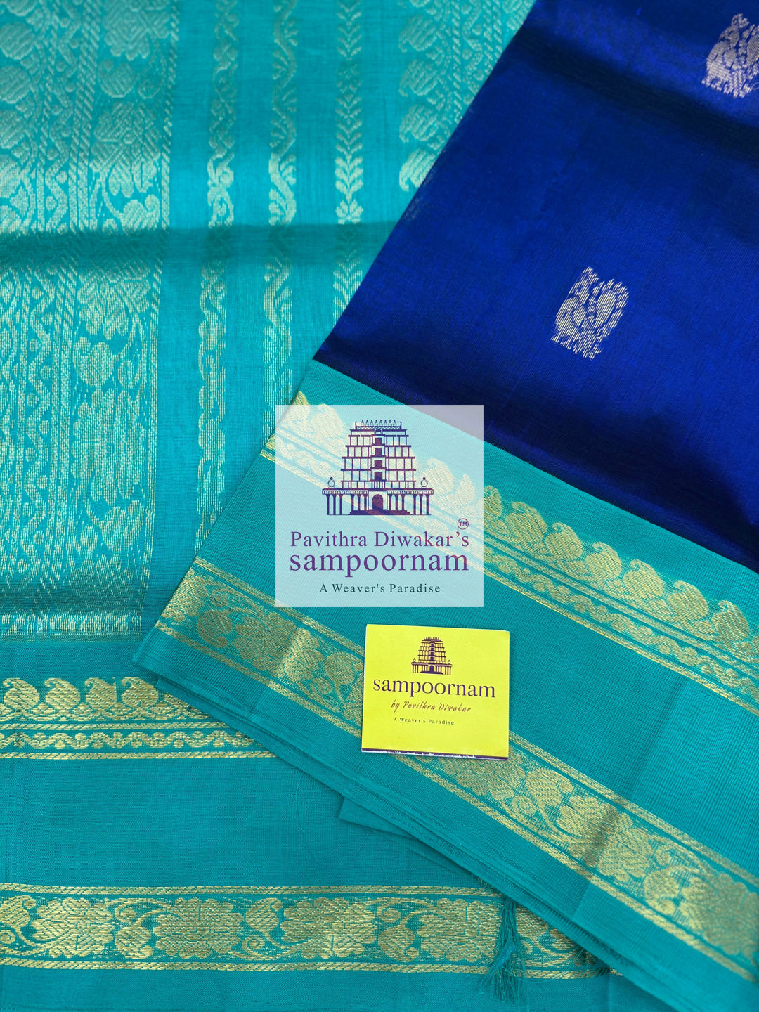 Dark Blue with Light Blue, Zari Butta in the body, Traditional Rettapet Border and Grand Pallu ,Korvai Silk Cotton Saree