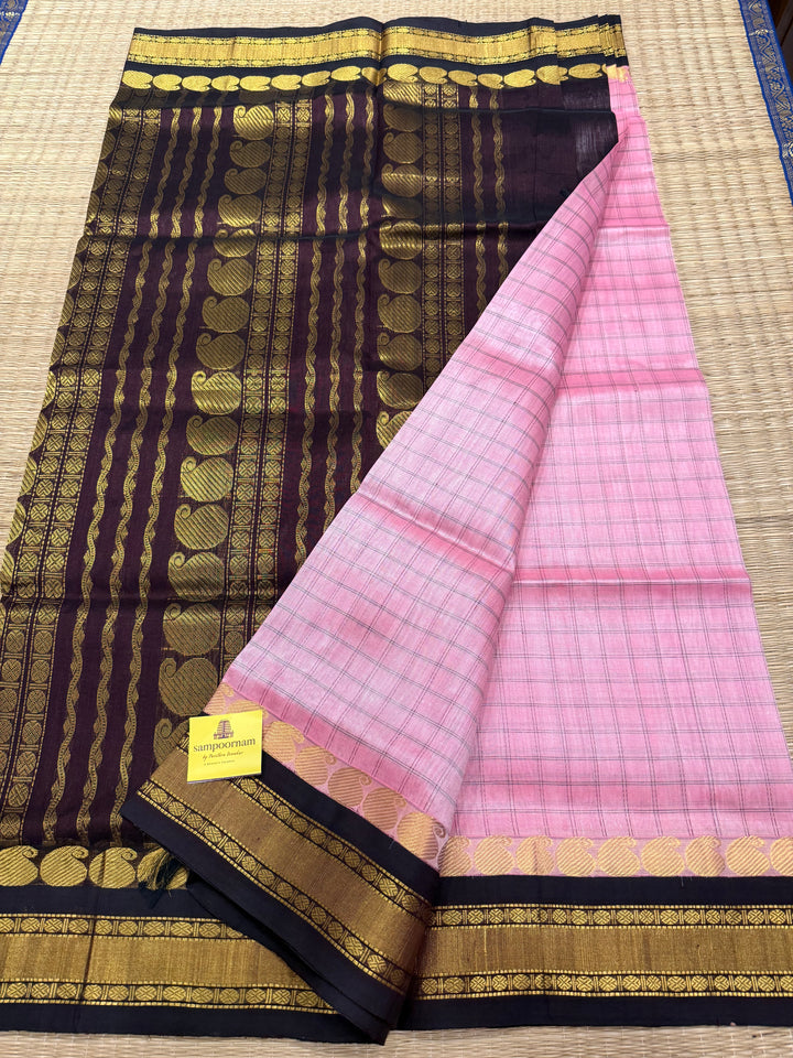 Onion Pink with Brown ,full body checks ,traditional border rich pallu Korvai Silk Cotton Saree