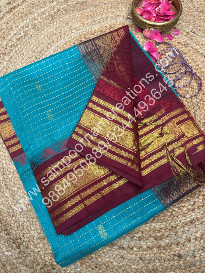 Rama Blue with Maroon ,  Rich Zari Checks with Mango Butta  in the body and Traditional Border , Grand Pallu Pure Korvai Silk Cotton Saree