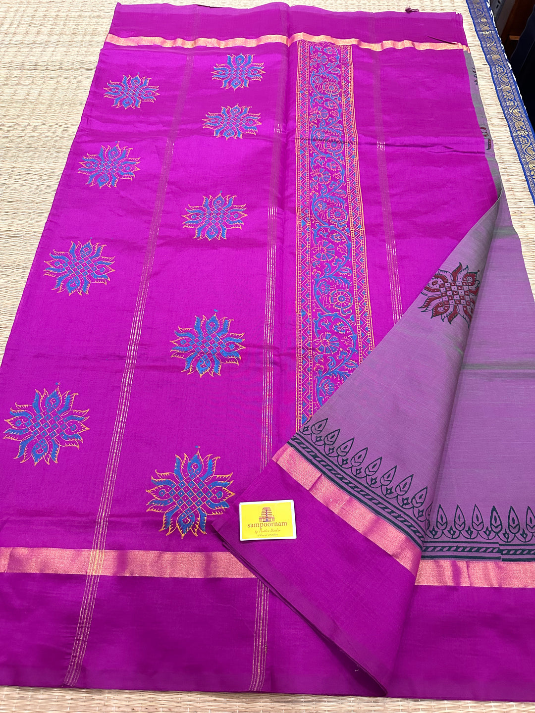 Purple Self Handblock Printed Semi Silk Cotton Saree