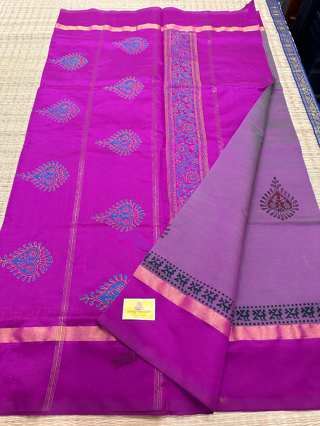 Purple Self Handblock Printed Semi Silk Cotton Saree