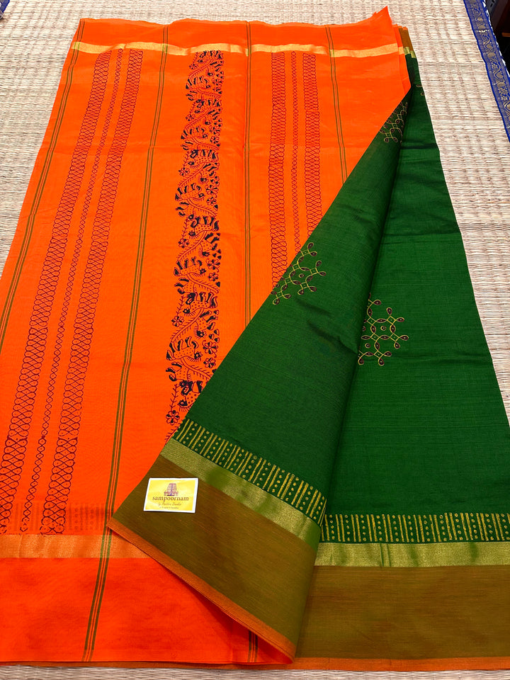 Green with Orange Handblock Printed Semi Silk Cotton Saree