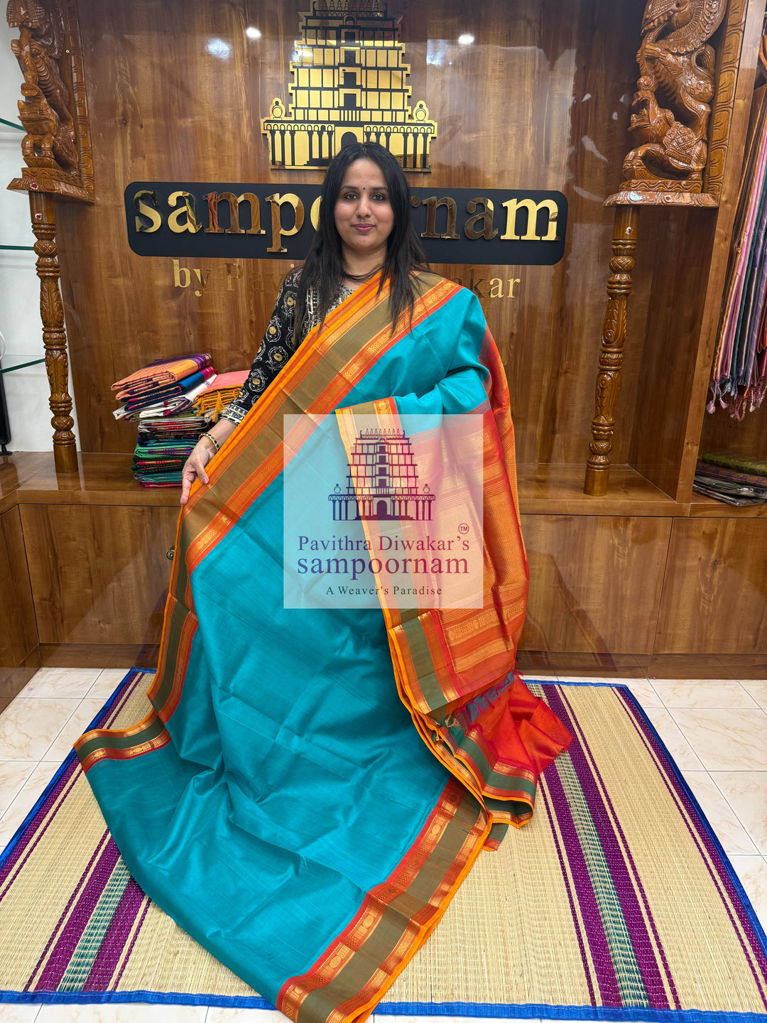 Ramar Blue with Rust Orange , Rettapet Traditional Borders, and Grand Pallu Korvai Silk Cotton Saree