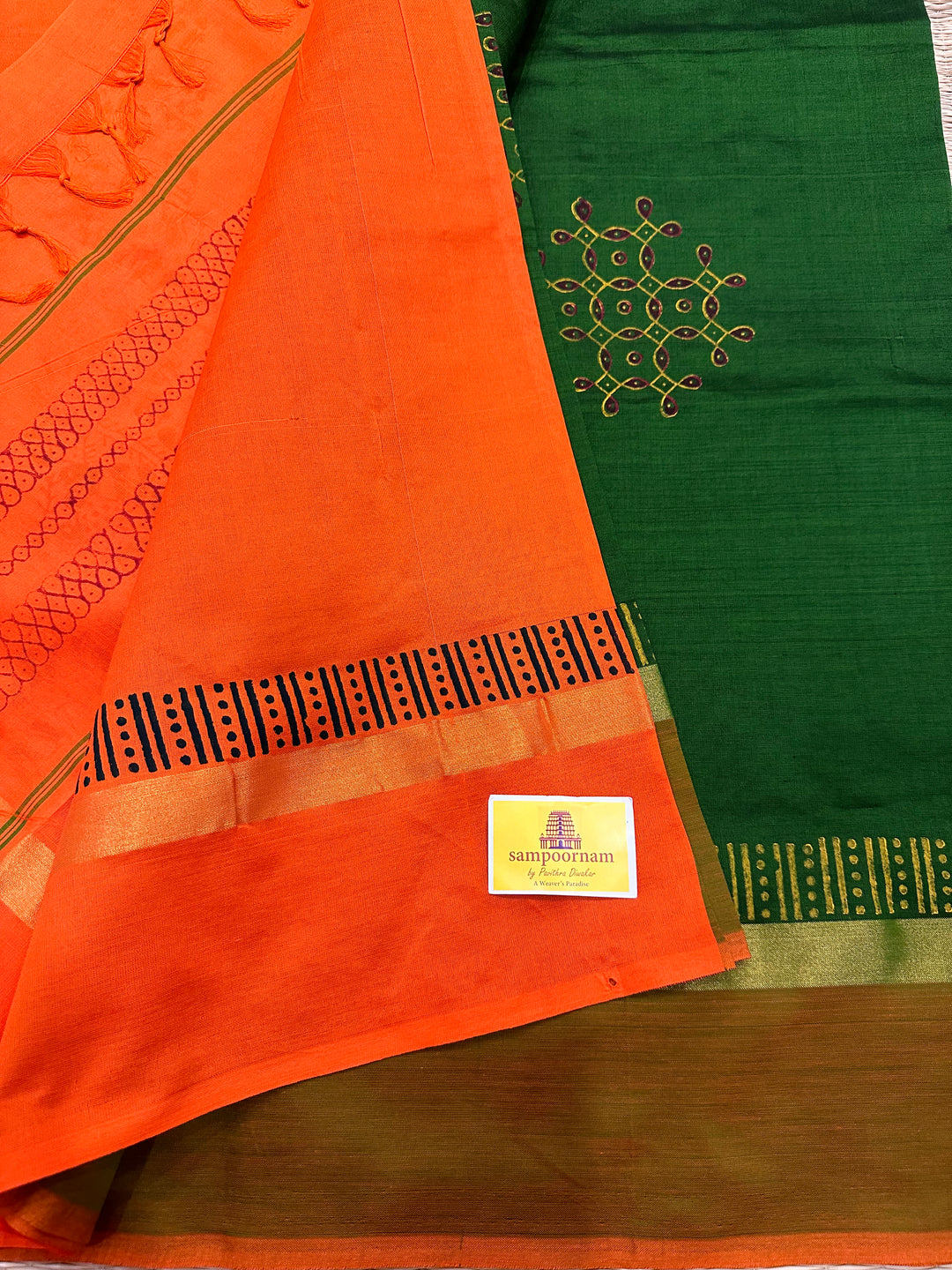 Green with Orange Handblock Printed Semi Silk Cotton Saree