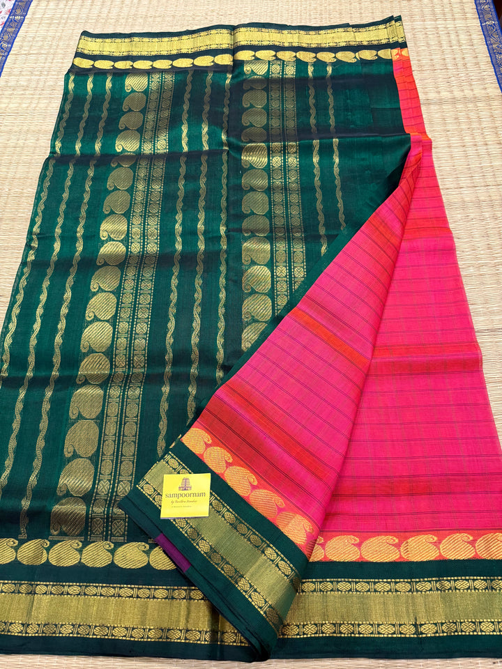 Reddish Pink with Green colour ,full body checks ,traditional border rich pallu Korvai Silk Cotton Saree