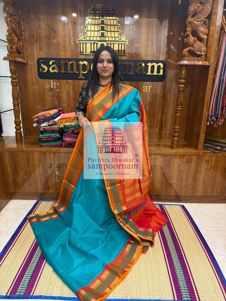 Ramar Blue with Rust Orange , Rettapet Traditional Borders, and Grand Pallu Korvai Silk Cotton Saree