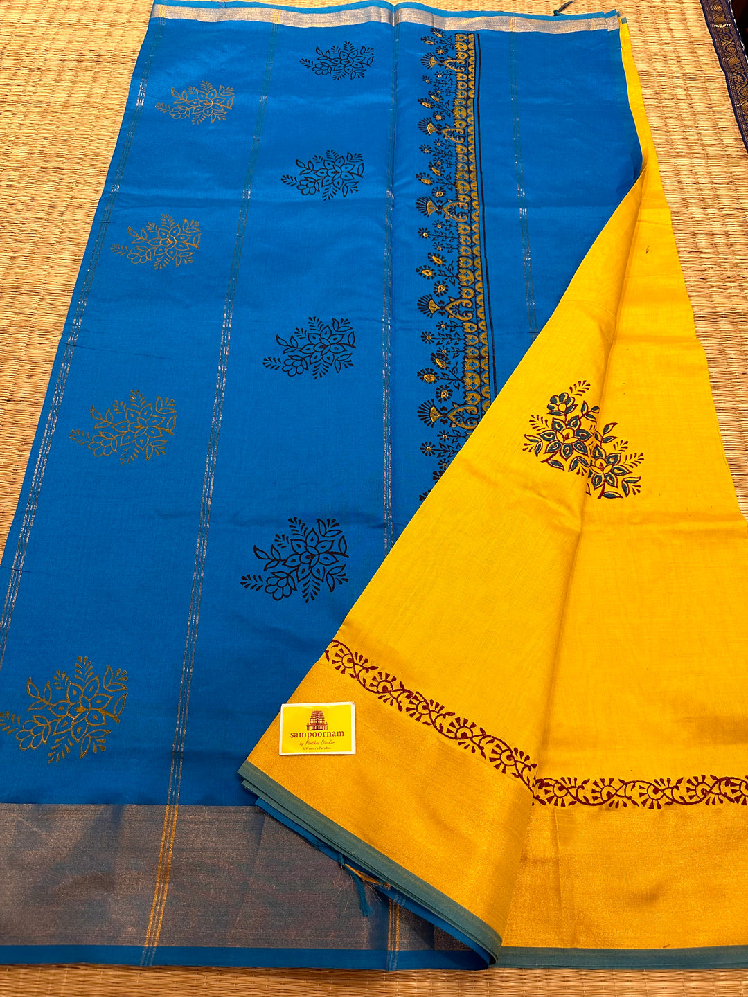 Yellow with Blue Handblock Printed Semi Silk Cotton Saree