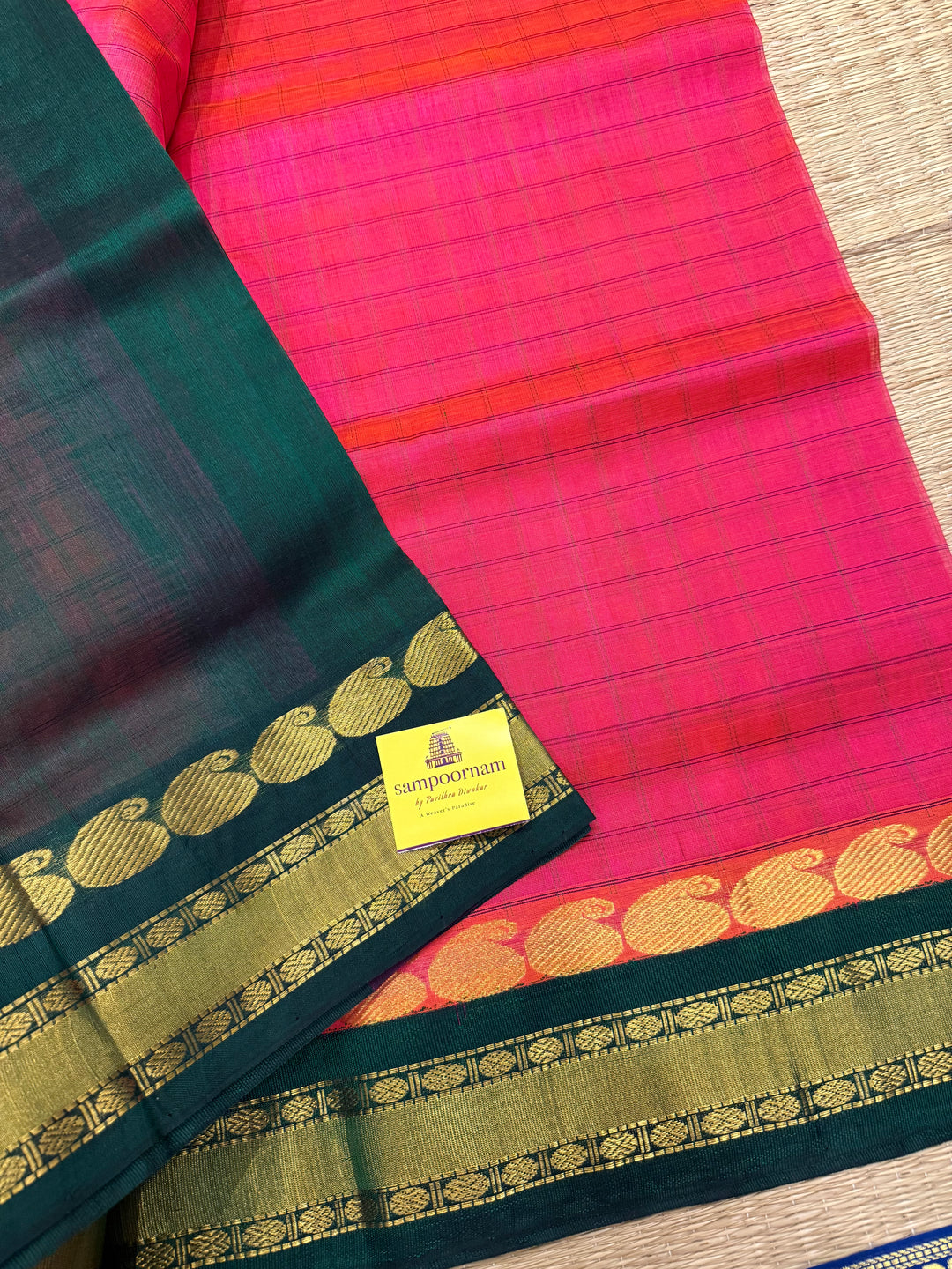 Reddish Pink with Green colour ,full body checks ,traditional border rich pallu Korvai Silk Cotton Saree