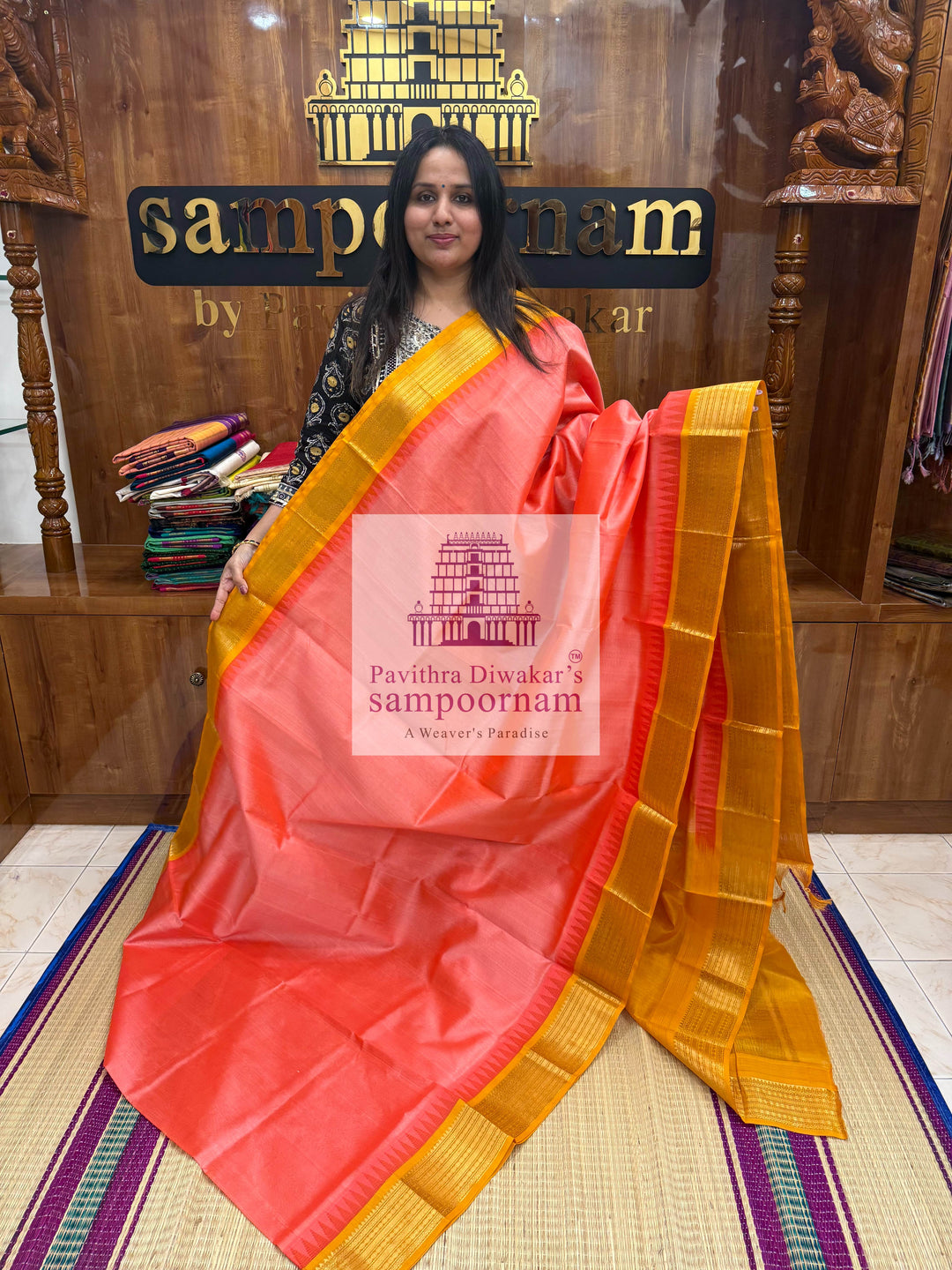 Peach Pink with Mustard , Traditional Temple Border and Grand Pallu Korvai Silk Cotton Saree