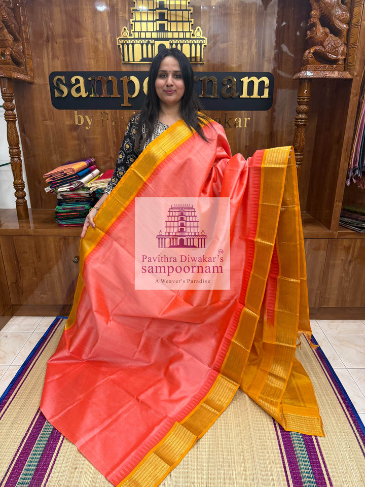 Peach Pink with Mustard , Traditional Temple Border and Grand Pallu Korvai Silk Cotton Saree