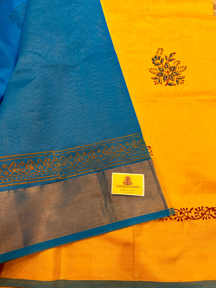 Yellow with Blue Handblock Printed Semi Silk Cotton Saree