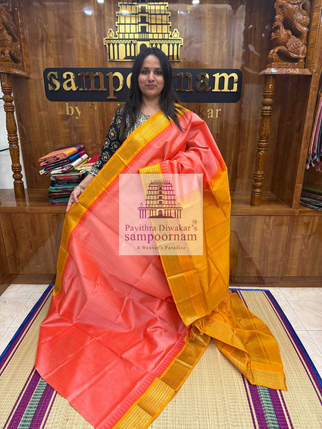 Peach Pink with Mustard , Traditional Temple Border and Grand Pallu Korvai Silk Cotton Saree