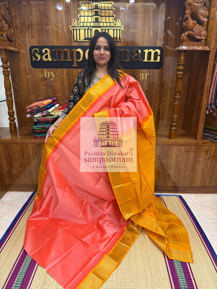 Peach Pink with Mustard , Traditional Temple Border and Grand Pallu Korvai Silk Cotton Saree
