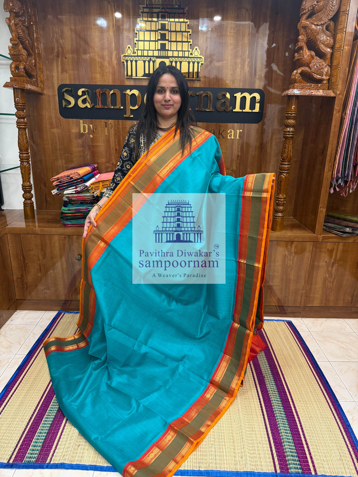 Ramar Blue with Rust Orange , Rettapet Traditional Borders, and Grand Pallu Korvai Silk Cotton Saree