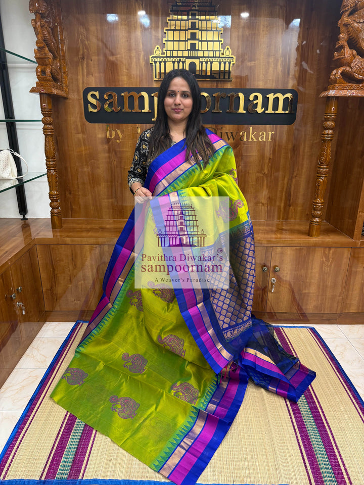 Sneha Green with Blue, Tissue Three Colour Border, Annam Handblock Printed Korvai SIlk Cotton Saree