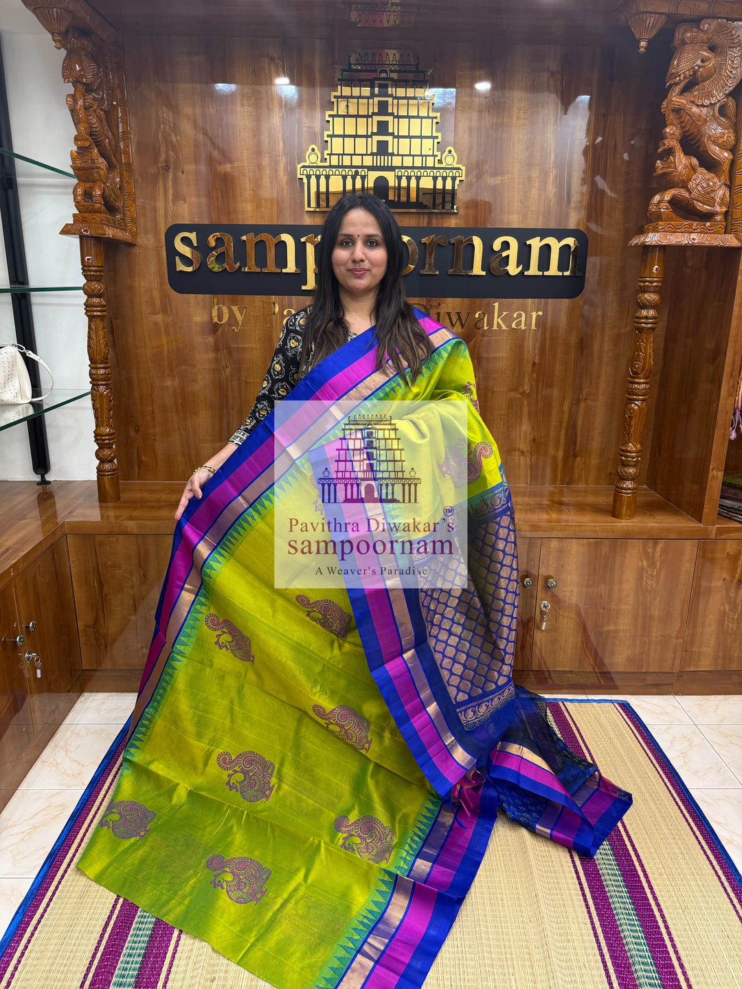 Sneha Green with Blue, Tissue Three Colour Border, Annam Handblock Printed Korvai SIlk Cotton Saree