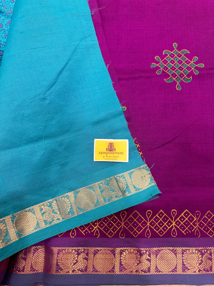 Purple with Turquoise Blue Handblock Printed Semi Silk Cotton Saree