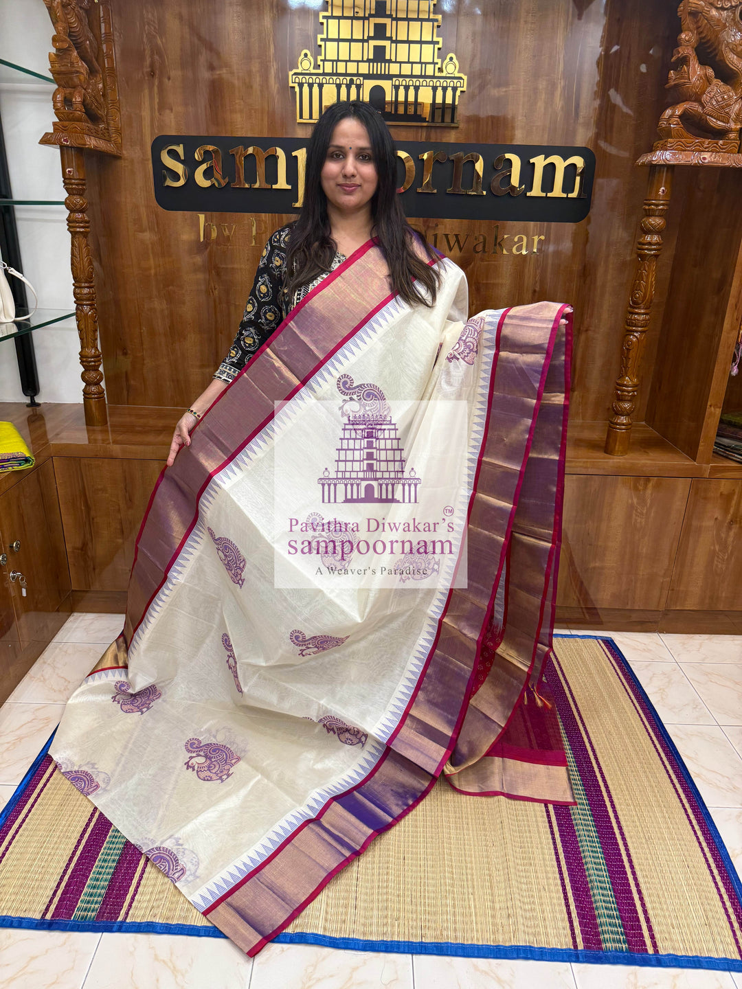 White with Magenta, Tissue Temple Border, Annam Handblock Printed Korvai SIlk Cotton Saree