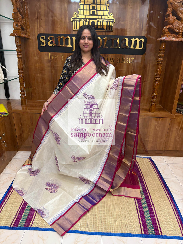 White with Magenta, Tissue Temple Border, Annam Handblock Printed Korvai SIlk Cotton Saree